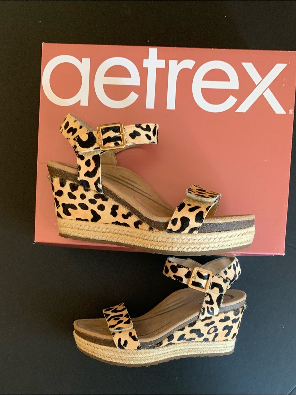 Aetrex Leopard Print Wedge Espadrille Sandals - Brown Black Size 7 - Picture 4 of 12